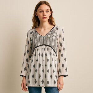 Boho Coastal Hoss Intropia Sheer Embroidered Tunic Flowy Blouse Cottagecore Chic